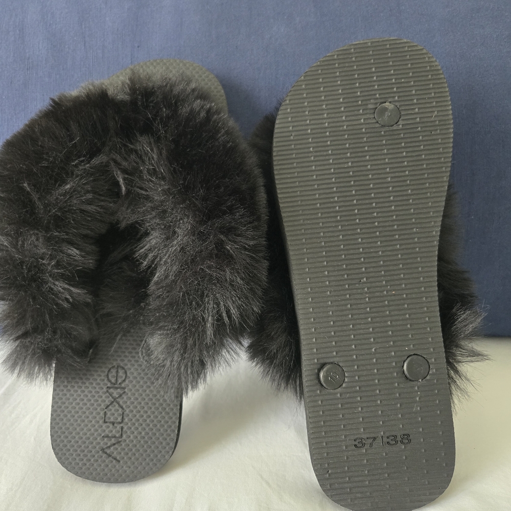 Alexis Black Furry Sandals